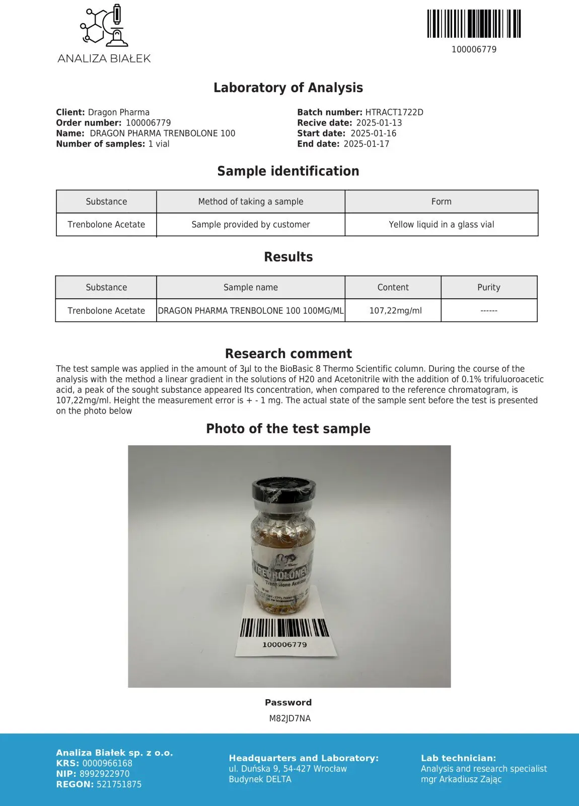 trenbolon 100 dragon pharma lab test